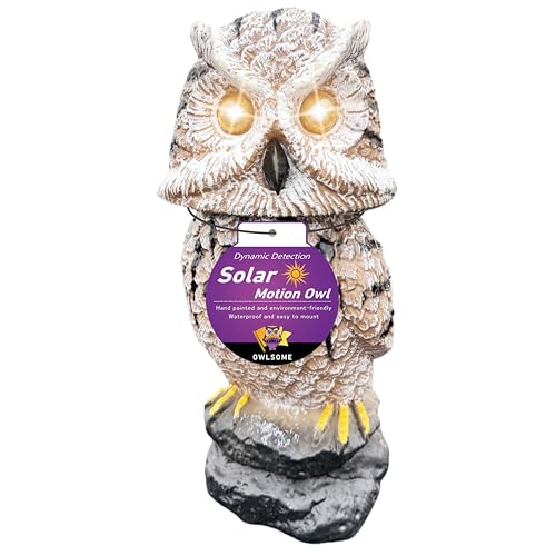 Owlsome Solar Tiger Owl with Flashing Eyes, Rotating Head, Hoot Sound, Motion Detector and Silent Mode, Plastic Owl Garden Sculpture, Garden Decoration