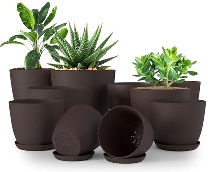 Plant Pots Indoor with Drainage, 10 Pack Multi-Size Planters Set, Brown - color: Brown, size: Pack of 10