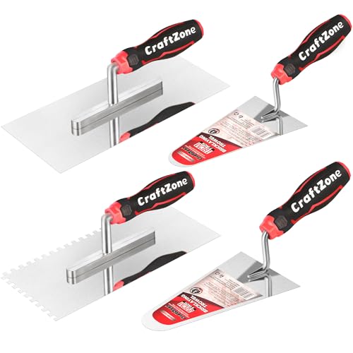 4-Piece Masonry Trowel Set, High Carbon Steel, Flat & Toothed Plastering Trowels, 7" & 9" Bricklaying Trowels, Ideal for Concrete, Plastering, Drywall & Asphalt, Soft Grip Handle - size: 4pcs