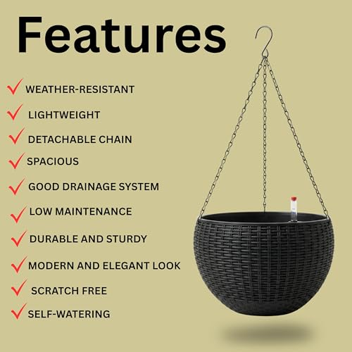 LaLaGreen Indoor Hanging Planters (11in, 2 Pack) Self-Watering Flower Pots - color: Black X 2