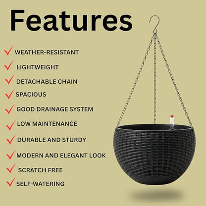 LaLaGreen Indoor Hanging Planters (11in, 2 Pack) Self-Watering Flower Pots - color: Black X 2