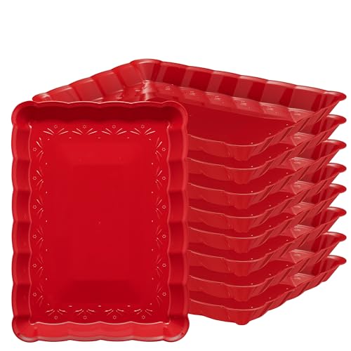 Plasticpro Plastic Serving Trays - Serving Platters Rectangle 9X13 Disposable Party Dish Includes 8 Red Christmas Trays - color: Red
