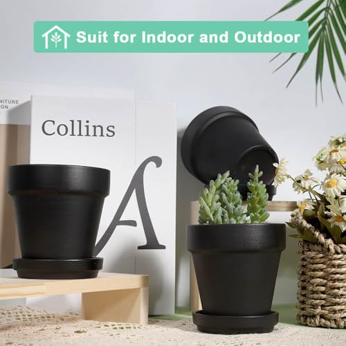 vensovo 4 Inch Black Terracotta & Clay Pots with Saucer, 6 Pack - color: Black