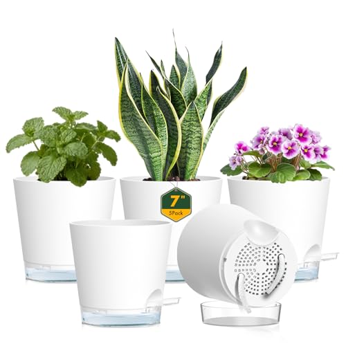 Meowell 7 inch Self Watering Pots for Indoor Plants, 5 Pack Plant Pots with Drainage Holes & Clear Reservoir for Visible Water Level, Plastic Wicking Planter Pots for House Plants and Flower, White - color: White, size: 7 in 5pcs