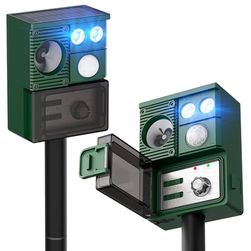 2-Pack Solar Animal Repeller Outdoor, Motion Activated Yard Guard Ultrasonic Deer Repellent Devices for Rabbits, Raccoons & Squirrels, Flashing Light & IP44 Waterproof Garden Animal Control