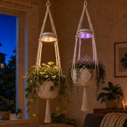 Rechargeable Hanging Plant Grow Lights for Indoor with Timer, Wireless Battery Powered Full Spectrum Growing Light with Macrame Plant Hanger, Wall/Ceiling Mounted Planta Luz for Home Decor（2 Pack）