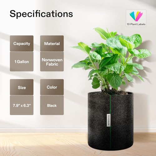 VIVOSUN 5-Pack 1 Gallon Grow Bags with Self-Adhesive Side for Transplanting - size: 1 gallon