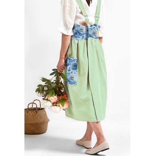 Cotton Linen Apron Cross Back Apron for Women with Pockets Pinafore Dress - color: 2 Pack-white+yellow
