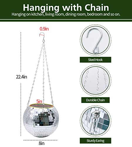 8" Silver Disco Ball Planter with Hanging Rope, Hanging Chain, Hook, Circle - color: 1×8" Silver