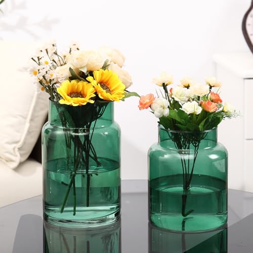 Large Glass Vase, Green Glass Vase Set of 2, Large Flower Vases for Bouquet, Tall Wide Mouth Vases for Flowers, Home, Wedding, Living Room, Office Decor, 7"+9" - color: Green, size: 7 Inch + 9Inch