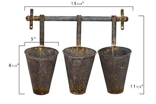 Creative Co-Op Antiqued Metal Wall Rack with 3 Hanging Cone Pots, Grey