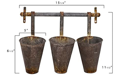 Creative Co-Op Antiqued Metal Wall Rack with 3 Hanging Cone Pots, Grey