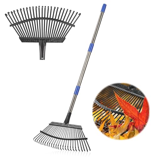 Garden Leaf Rake, 8.5" Head, 36-74 " Adjustable Handle, Sturdy Steel Tines - color: silver, size: 25tine
