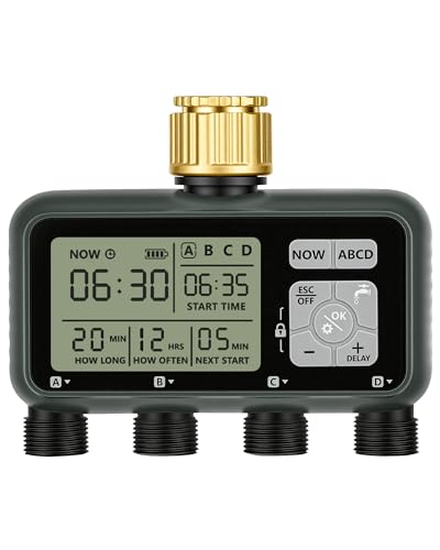 4 Zone Brass Sprinkler Timer, Garden Hose Timer, Automatic Irrigation System, Programmable Faucet, 4 Outlets, with Rain Delay, Manual Mode,Child Lock, for Yard, Garden, Lawn, Green E14WT06