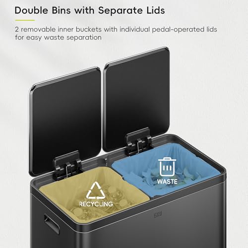 EKO EcoCasa Plus 2 x 10.6 Gal (2 x 40 L) Dual Trash Can for Kitchen, Large Stainless Steel Step-On Garbage Can, Trash and Recycle Bin Combo with Soft-Close Lids, Removable Buckets, Matte Black - color: Matte Black, size: 40L+40L