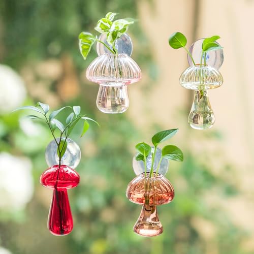 Glasseam Window Plant Propagation Station: 4Pcs Glass Hanging Mushroom Vase