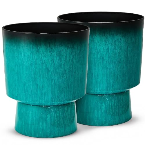 16.8" Planters for Outdoor Plants, Large Urn Flower pots S/2 - color: 16.8"-teal Glazed & Black Rim