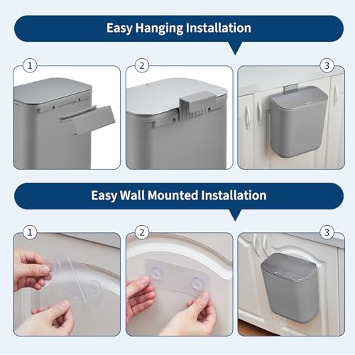 2.4 Gal/9L Hanging Trash Can, Stainless Steel Compost Bin with Lid & Hook, Small Garbage Can for Kitchen Counter, Bathroom Sink, Office Desk, Space-Saving Rubbish Bin - Grey - size: 2.4 Gallon / 9 Liter