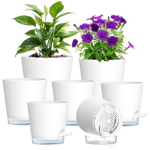 Meowell Self Watering Pots Set of 7 – Assorted Size 4" to 8" Indoor Plant Pots with Drainage Holes and Clear Reservoir for Visible Water Level, Plastic Wicking Planter for House Plants & Flower, White - color: White, size: 8+7+6.5+6+5.5+5+4 in 7pcs