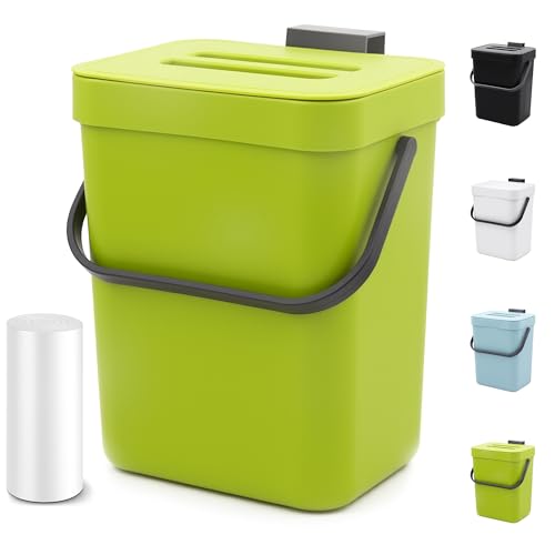 1.3 Gal Hanging Small Trash Can with Lid, Countertop Compost Bin, 5L, Green - color: GREEN, size: 5 L / 1.3 Gal - Lid