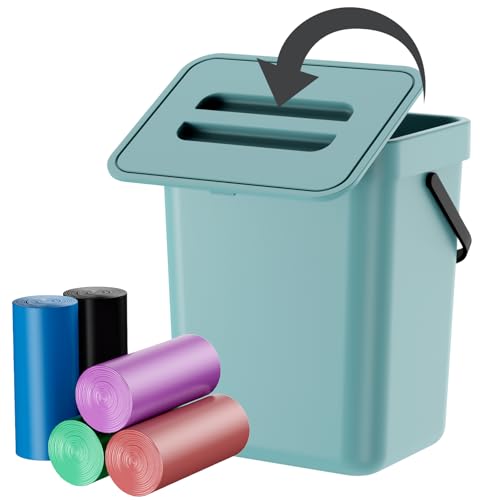 Compost Bin Kitchen, Includes 100 Trash Bags, Hanging Trash Can with Lid, Features Pet-Proof, Odor-Proof, and Quiet Opening/Closing. Suitable for Bathrooms/Bedrooms/Offices (Blue, 1.3 Gal/5 L) - color: Bule