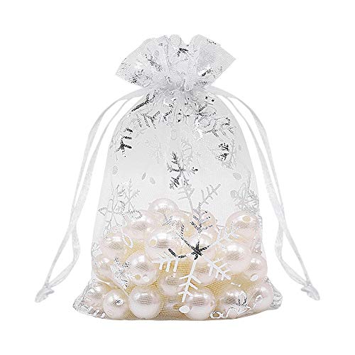 HRX Package 100pcs Snowflake Organza Gift Bags Christmas 4x6 inch, Small White Mesh Jewelry Pouches Little Drawstring Candy Bags - color: White-Snowflake
