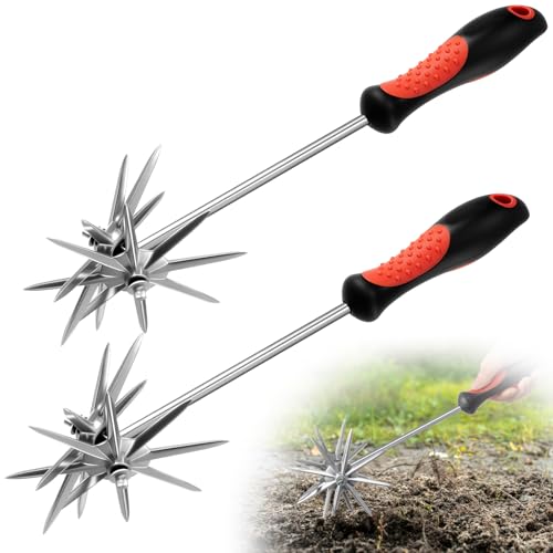 2 Pack Hand Cultivator Tiller Garden Tool Manual Rotary Short Hand-held Tiller Digging Soil Loosener for Softer Soils and Lawns Loosening Pulling Weed