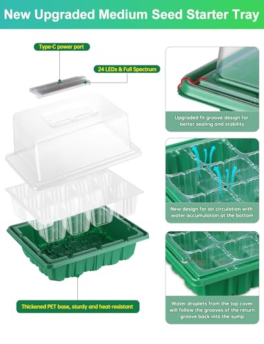Seed Starter Tray Medium Size 4 Packs, Seed Starter Kit with Upgraded 24 Full Spectrum LEDs, Adjustable Brightness and Timer, with Drainage Holes, Tools and Labels for Indoor Plant Growing - size: M×4 without heat mat