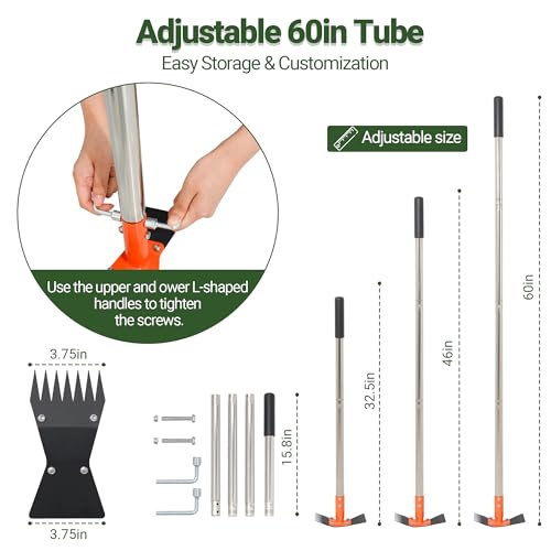2-in-1 Garden Hoe and Weed Puller Rake 60 Inch Spring Steel Head - size: 60" Adjustable Handle