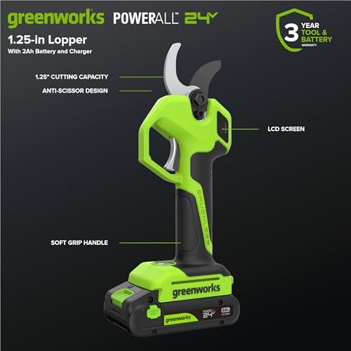 Greenworks 24V 1.25 in Pruning Shear/Lopper, 2.0 Ah Battery and Charger - size: 1.25" (2Ah)
