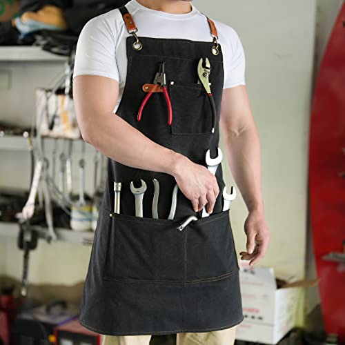 Aoomzoon Canvas Aprons for Men Women, Heavy Duty BBQ Apron with Pockets - color: Black②