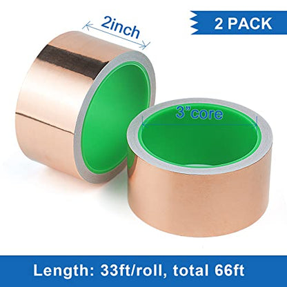 BOMEI PACK Copper Tape 2 Pack 1.97mil x 2inch x 33ft with Conductive Adhesive for Guitars and Shielding, Slugs,Stained Glass, Electrical Repairs, Grounding