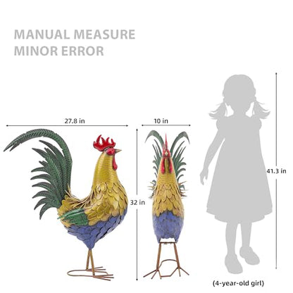 32 in Metal Rooster Statue, Farmhouse Yard & Garden Decor - color: 32"h-xl Rustic Yellow Rooster