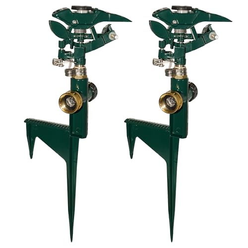 Hourleey 2 Pack Impact Sprinkler for Yard, Adjustable 360 Degree Zinc Alloy Sprinkler Head on Metal Step Spike, Heavy Duty Pulsating Water Sprinklers for Large Area Lawn Garden Irrigation