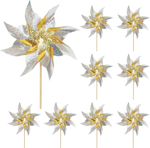 10 Pack Reflective Pinwheels for Yard and Garden,Wind Spinners Outdoor Bird Scare Devices,Sparkly Windmills for Garden Decor Scare Birds Away,Yard Wind Spinners for Outside Patio - color: Gold