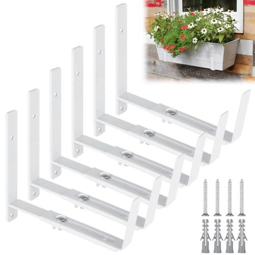 6PCS Adjustable Window Box Brackets, Heavy Duty Planter Box Brackets (6 to 12 in), Wall Mount Flower Box Brackets for Balcony, Fences, Patio, and Garden- White