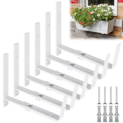 6PCS Adjustable Window Box Brackets, Heavy Duty Planter Box Brackets (6 to 12 in), Wall Mount Flower Box Brackets for Balcony, Fences, Patio, and Garden- White
