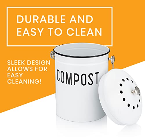 JRW Design White Kitchen Compost Bin Plus 2 Non-Smell Filters, 1.3 Gallon Farmhouse Bin for Countertop, Durable Bin Kitchen with Handle, Easy to Clean, Rust Proof Composting Bin, Compost Bucket