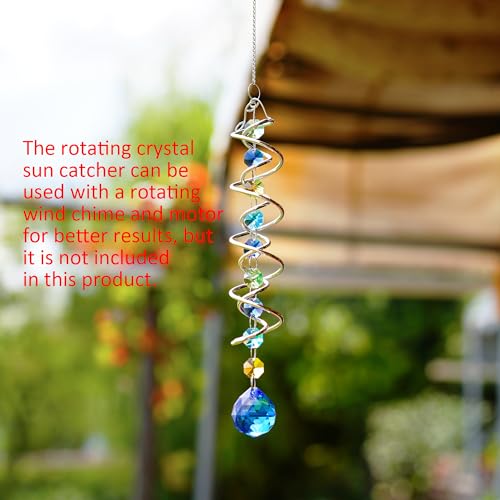 20.5in Sea Blue Crystal Gazing Ball Spiral Wind Spinner Suncatcher - color: Silver With Blue Ball Drop Prism
