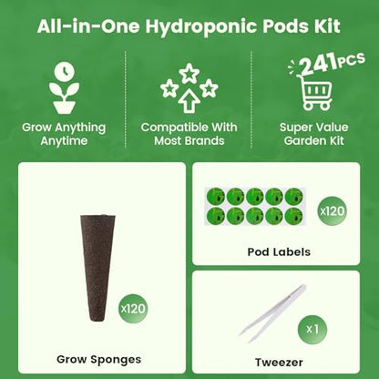 Hydroponic Pods Kit, Compatible with AeroGarden, 241Pcs - size: 240pcs-120Grow Sponges, 120Labels & 1 Tweezers