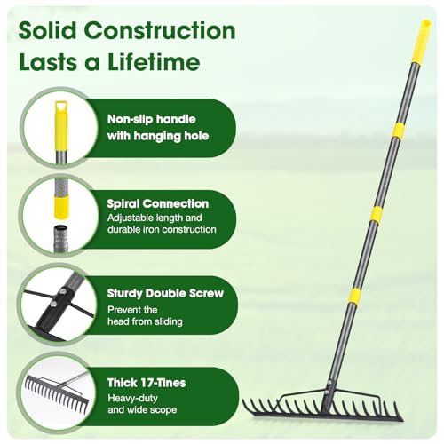 Heavy Duty Metal Bow Rake for Lawn , 17 Steel Tines Garden Rake