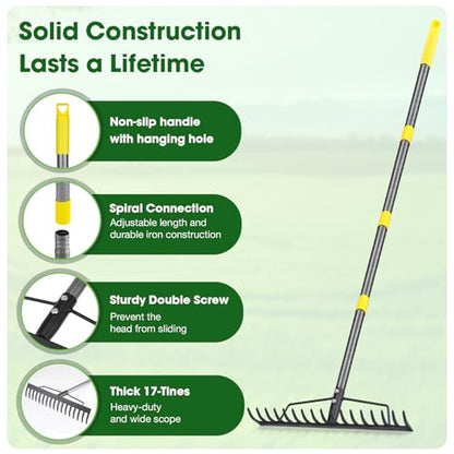 Heavy Duty Metal Bow Rake for Lawn , 17 Steel Tines Garden Rake