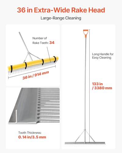 VEVOR Landscape Rake, 36 inch Wide Head 133 inch Handle, Large Heavy Duty Aluminum Landscaping Leaf Rake Tool, Asphalt Level for Loosening Soil, Garden & Yard, Pond Gravel & Beach Lawn Care, 52ft Rope - size: 133 inch