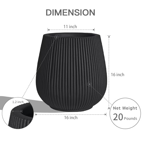 16" Pear-Shaped Fluted Planter - Handmade Fiberglass Composite - color: Black, size: Pear-shaped