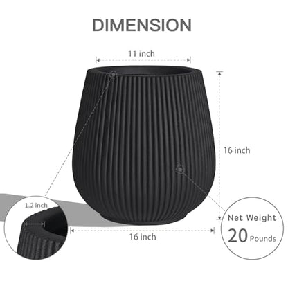 16" Pear-Shaped Fluted Planter - Handmade Fiberglass Composite - color: Black, size: Pear-shaped