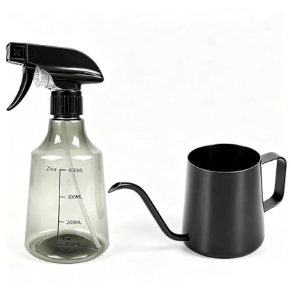 Small Watering Can for Indoor Plants, 12 oz Metal Stainless Steel Plant Watering Pot with Long Spout for House Plants, 17 oz Plastic Plant Mister Spray Bottle for Bonsai Flower Garden