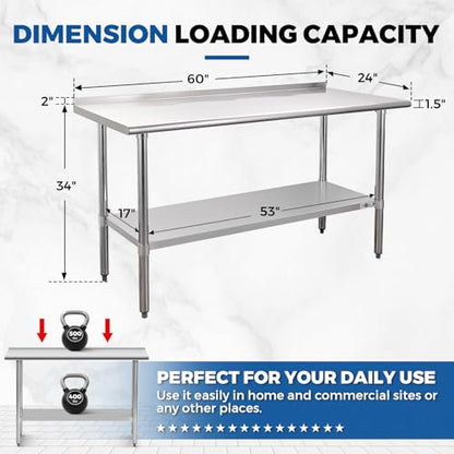 Profeeshaw Stainless Steel Prep Table 24''x60'' Workbench with Backsplash - color: With Backsplash, size: 24''x60''