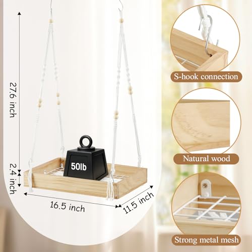 Novabright 1 Pcs Window Hanging Plant Shelf with Macrame Adjustable Rope, 16" Large Wooden Plant Hanger Indoor with Metal Frame, Load 50lb, Suit for Window Ceiling Wall Mount Boho Decor