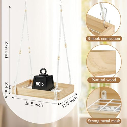 Novabright 1 Pcs Window Hanging Plant Shelf with Macrame Adjustable Rope, 16" Large Wooden Plant Hanger Indoor with Metal Frame, Load 50lb, Suit for Window Ceiling Wall Mount Boho Decor