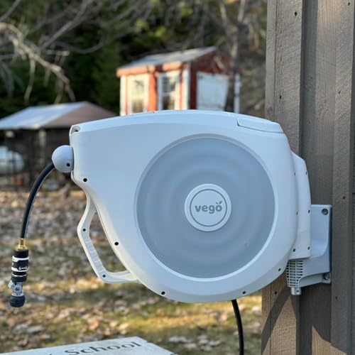 Vego Garden Hose Reel Retractable Hi-Flow Wall Mounted Hose Reel Automatic Rewind, Any Length Lock with 9 Patterns Sprayer Nozzle, Quick Connector and Adjustable shot Nozzle (Cloud White, 82ft) - color: Cloud White, size: 82ft